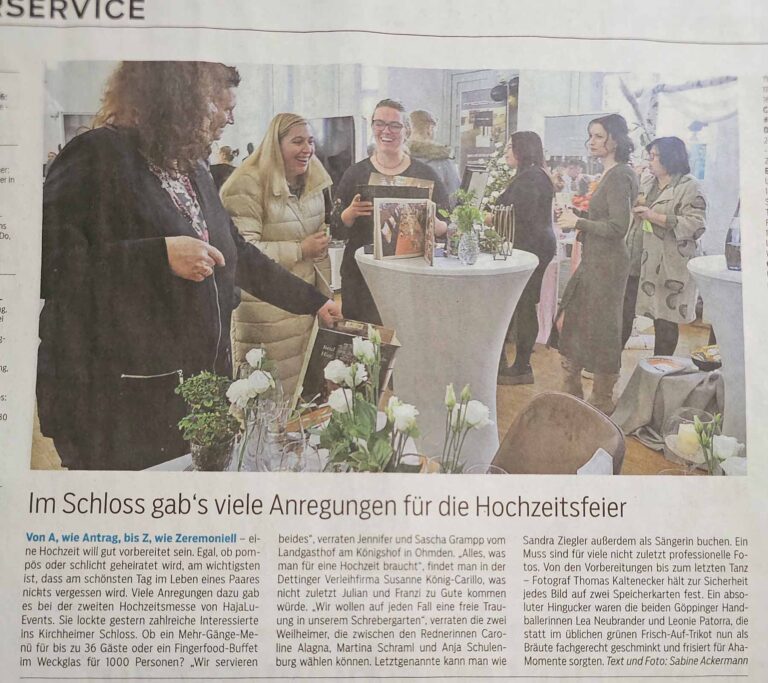 Bericht aus der Tageszeitung DER TECKBOTE zur Hochzeitsmesse in Kirchheim/Teck, 2025. In diesem werde ich als Fotograf erwähnt